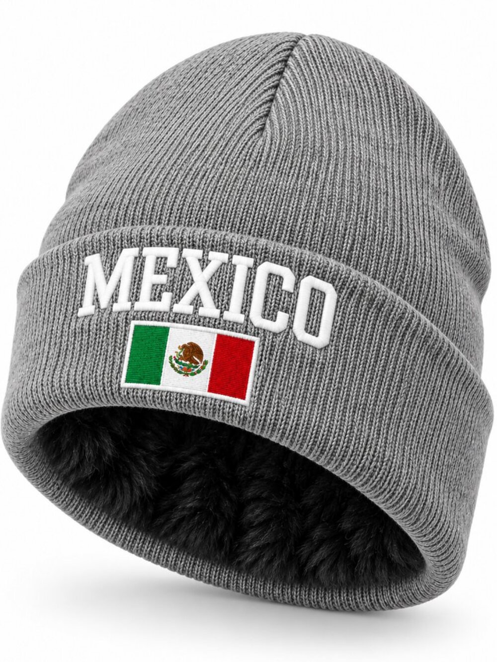 Winter Beanie Hat Embroidered, Mexico, Skull Cap Warm Lined, Light Gray